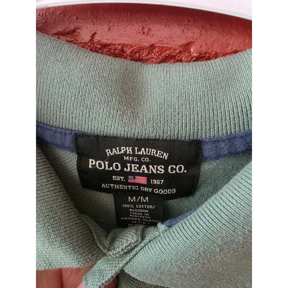 Ralph Lauren Polo Jeans Co Mens M Green Striped Polo Shirt 100% Cotton Flag Logo